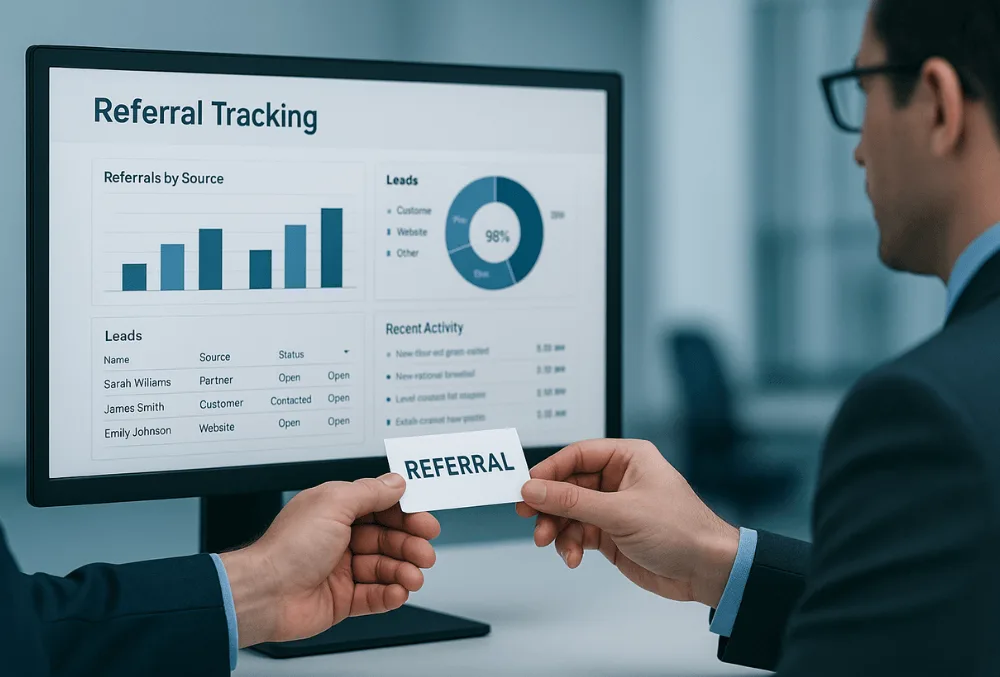 CRM dashboard displaying referral tracking data with business professionals exchanging referral information.
