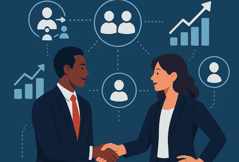 Business professionals exchanging referrals with digital icons symbolizing B2B partnerships and growth strategies