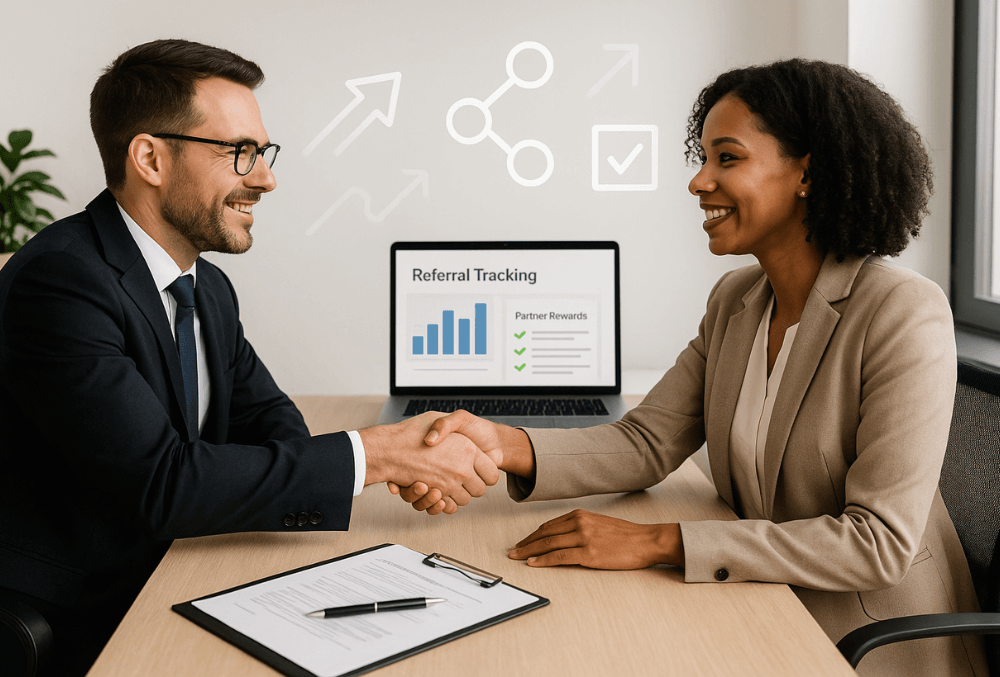 Business professionals shaking hands across a desk with a digital referral program dashboard on a laptop in the background, symbolizing trust and success in B2B referral partnerships.