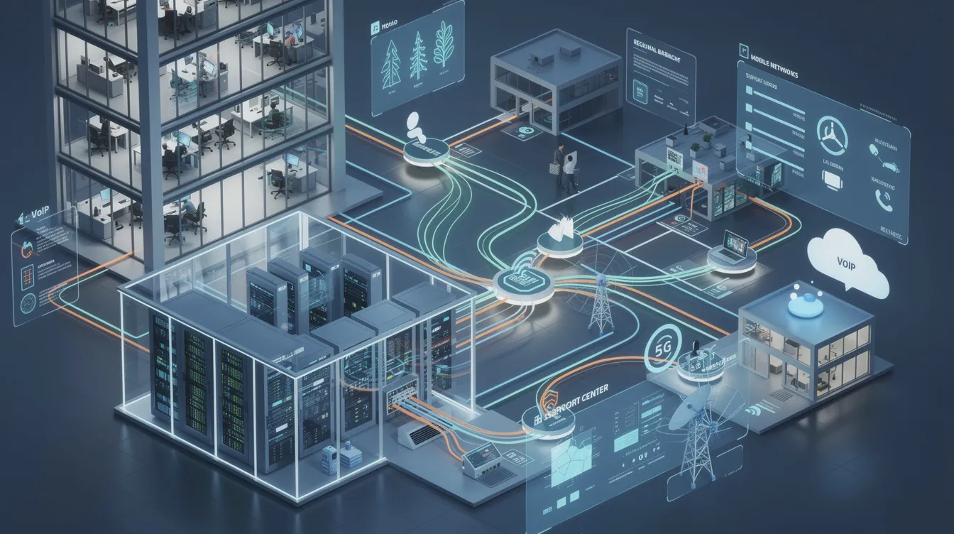 The image depicts a modern telecommunication system designed for large companies, highlighting various telecom services and expense management strategies. It emphasizes the importance of conducting a comprehensive telecom audit to identify billing errors, reduce costs, and optimize operational efficiency for significant cost savings.
